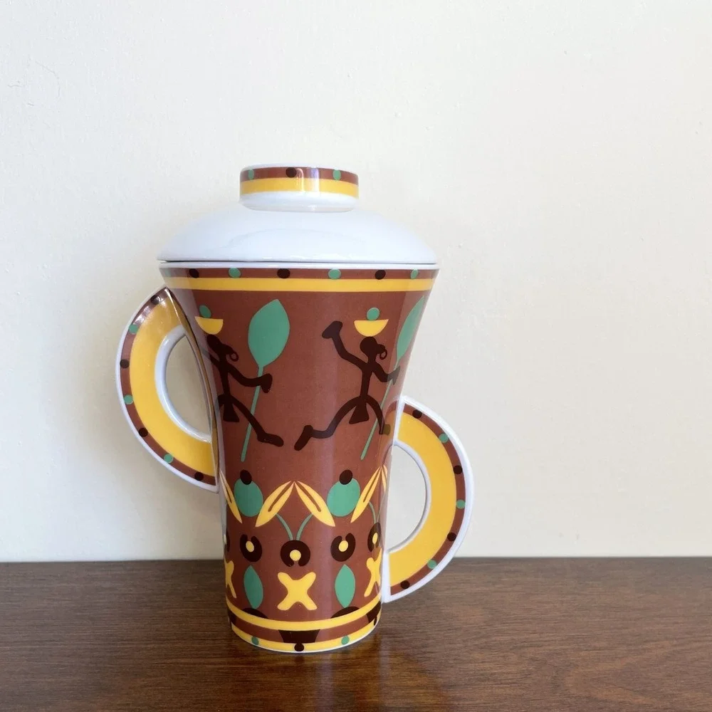 Kahla Germany Porcelain Coffee Tea‎ Mug Tall Cup with Lid Africa Theme Dancers